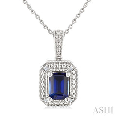7X5 MM Octagon Shape Lab-Created Sapphire and 1/50 Ctw Round Cut Diamond Precious Pendant With Chain in Sterling Silver 
