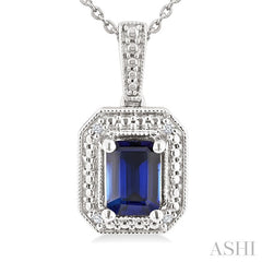 7X5 MM Octagon Shape Lab-Created Sapphire and 1/50 Ctw Round Cut Diamond Precious Pendant With Chain in Sterling Silver 