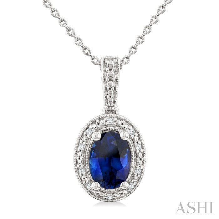 7X5 MM Oval Shape Lab-Created Sapphire and 1/50 Ctw Round Cut Diamond Precious Pendant With Chain in Sterling Silver 