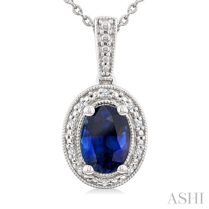 7X5 MM Oval Shape Lab-Created Sapphire and 1/50 Ctw Round Cut Diamond Precious Pendant With Chain in Sterling Silver 