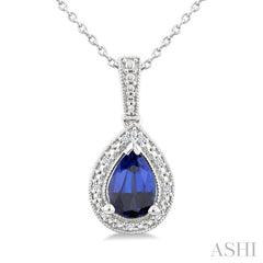 7X5 MM Pear Shape Lab-Created Sapphire and 1/50 Ctw Round Cut Diamond Precious Pendant With Chain in Sterling Silver 