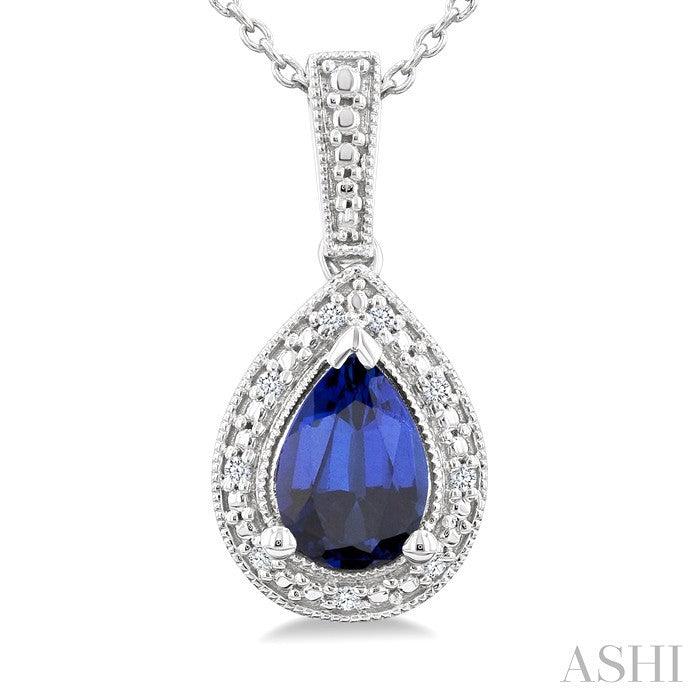 7X5 MM Pear Shape Lab-Created Sapphire and 1/50 Ctw Round Cut Diamond Precious Pendant With Chain in Sterling Silver 