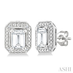 6X4 MM Octagon Shape White Topaz and 1/50 Ctw Round Cut Diamond Semi-Precious Earrings in Sterling Silver