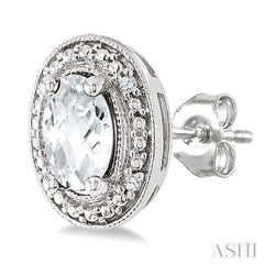 6X4 MM Oval Shape White Topaz and 1/50 Ctw Round Cut Diamond Semi-Precious Earrings in Sterling Silver