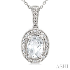 6X4 MM Oval Shape White Topaz and 1/50 Ctw Round Cut Diamond Semi-Precious Pendant With Chain in Sterling Silver
