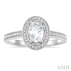 6X4 MM Oval Shape White Topaz and 1/50 Ctw Round Cut Diamond Semi-Precious Ring in Sterling Silver