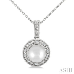 7MM Cultured Pearl and 1/50 Ctw Round Cut Diamond Halo Pendant With Chain in Sterling Silver