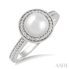 7MM Cultured Pearl and 1/50 Ctw Round Cut Diamond Halo Ring in Sterling Silver