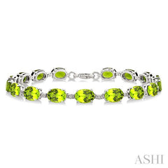 7X5 MM Oval Shape Peridot and 1/10 Ctw Round Cut Diamond Semi-Precious Bracelet in Sterling Silver