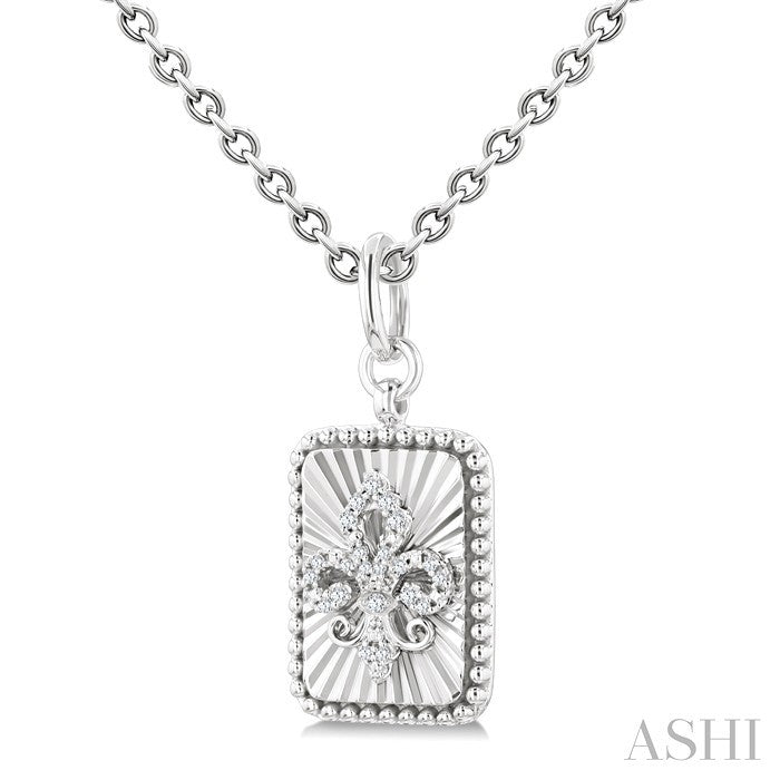 1/10 Ctw Rectangle fluted medallion Round Cut Diamond Fleur-De-Lis Pendant With Chain in Sterling Silver