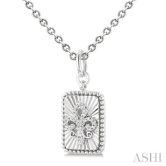 1/10 Ctw Rectangle fluted medallion Round Cut Diamond Fleur-De-Lis Pendant With Chain in Sterling Silver