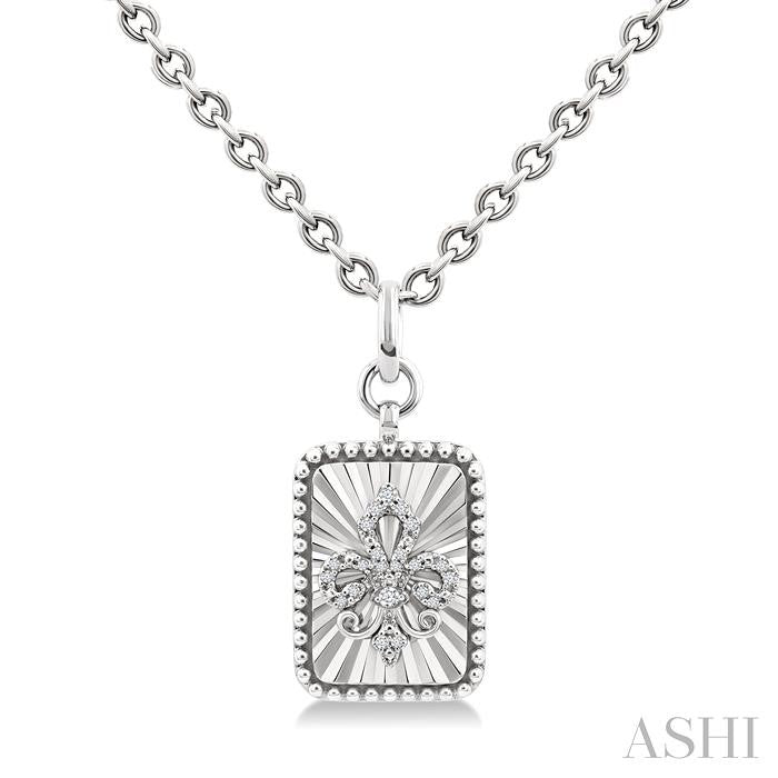 1/10 Ctw Rectangle fluted medallion Round Cut Diamond Fleur-De-Lis Pendant With Chain in Sterling Silver