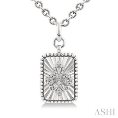 1/10 Ctw Rectangle fluted medallion Round Cut Diamond Fleur-De-Lis Pendant With Chain in Sterling Silver