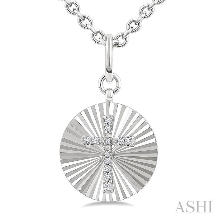 1/10 Ctw Round Fluted Medallion Round Cut Diamond Cross Pendant With Chain in Sterling Silver