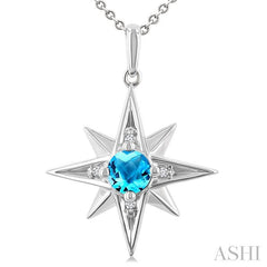 5 MM Round Cut Blue Topaz and 1/20 Ctw Round Cut Diamond Semi-Precious Fashion Pendant With Chain in Sterling Silver