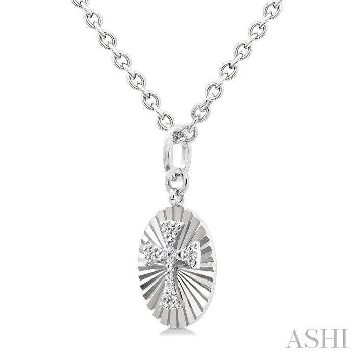 1/10 Ctw Oval Fluted Medallion Round Cut Diamond Cross Pendant With Chain in Sterling Silver