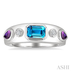 6x4 MM Octagon Shape Blue Topaz & 5x3 MM Pear Shape Amethyst and 1/20 Ctw Round Cut Diamond Semi-Precious Ring in Sterling Silver