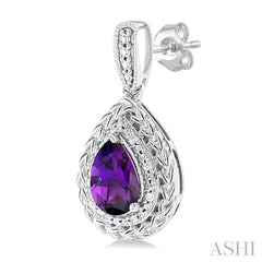 7X5 MM Pear Cut Amethyst and 1/20 Ctw Round Cut Diamond Semi-Precious Earring in Sterling Silver