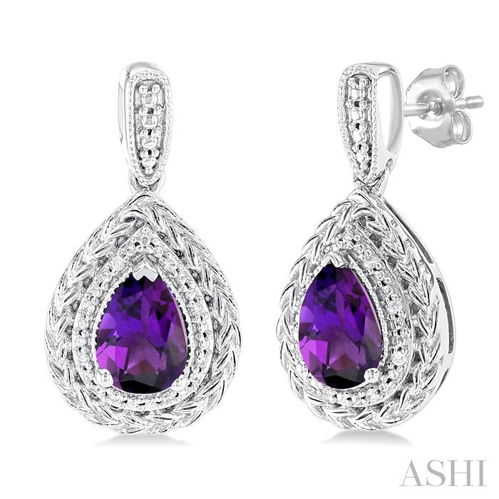 7X5 MM Pear Cut Amethyst and 1/20 Ctw Round Cut Diamond Semi-Precious Earring in Sterling Silver