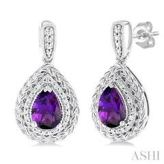 7X5 MM Pear Cut Amethyst and 1/20 Ctw Round Cut Diamond Semi-Precious Earring in Sterling Silver