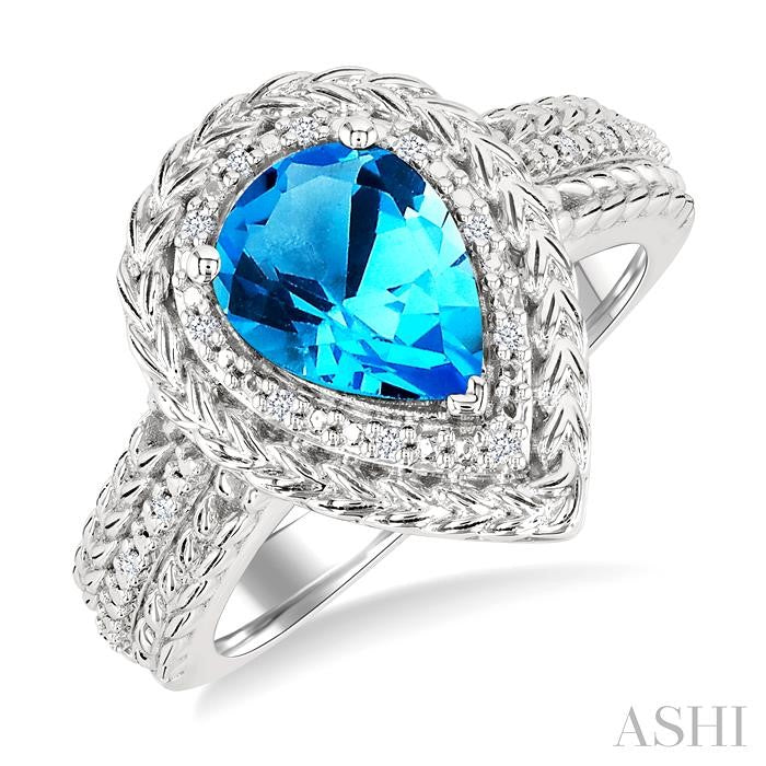 1/20 Ctw Pear Cut 9X6 MM Blue Topaz and Round Cut Diamond Semi-Precious Ring in Sterling Silver