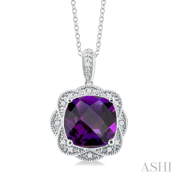 10X10 MM Cushion Shape Amethyst and 1/20 Ctw Round Cut Diamond Semi-Precious Pendant With Chain in Sterling Silver