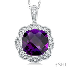 10X10 MM Cushion Shape Amethyst and 1/20 Ctw Round Cut Diamond Semi-Precious Pendant With Chain in Sterling Silver