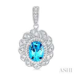 7X5 MM Oval Cut Blue Topaz and 1/20 Ctw Round Cut Diamond Semi-Precious Earring in Sterling Silver