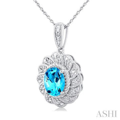 8X6 MM Oval Cut Blue Topaz and 1/20 Ctw Round Cut Diamond Semi-Precious Pendant With Chain in Sterling Silver