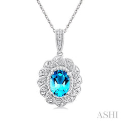 8X6 MM Oval Cut Blue Topaz and 1/20 Ctw Round Cut Diamond Semi-Precious Pendant With Chain in Sterling Silver