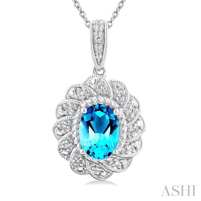 8X6 MM Oval Cut Blue Topaz and 1/20 Ctw Round Cut Diamond Semi-Precious Pendant With Chain in Sterling Silver