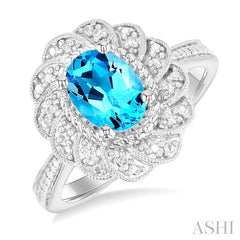 1/20 Ctw Oval Cut 8X6 MM Blue Topaz and Round Cut Diamond Semi-Precious Ring in Sterling Silver