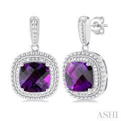 8X8 MM Cushion Shape Amethyst and 1/20 Ctw Round Cut Diamond Semi-Precious Earring in Sterling Silver