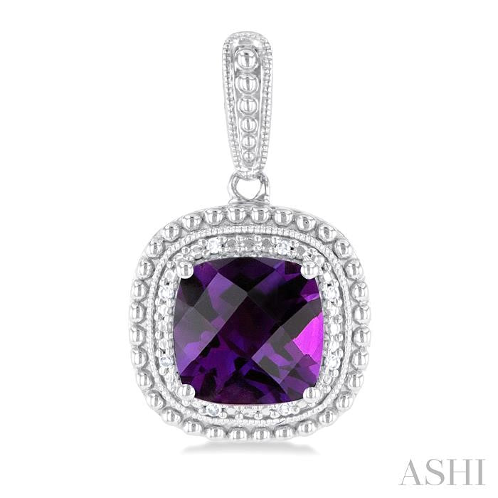 8X8 MM Cushion Shape Amethyst and 1/20 Ctw Round Cut Diamond Semi-Precious Earring in Sterling Silver