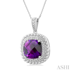 10X10 MM Cushion Shape Amethyst and 1/20 Ctw Round Cut Diamond Semi-Precious Pendant With Chain in Sterling Silver