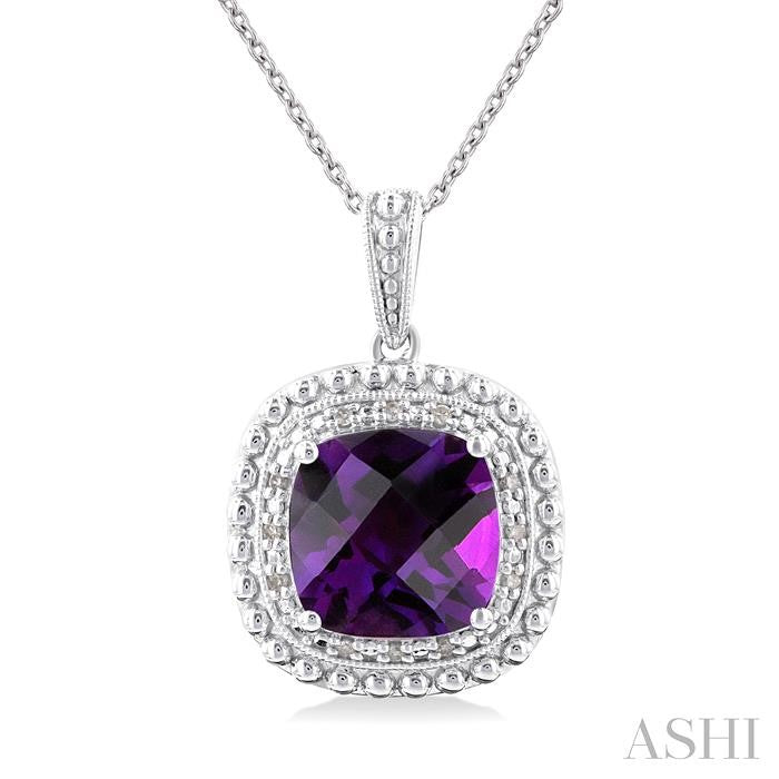 10X10 MM Cushion Shape Amethyst and 1/20 Ctw Round Cut Diamond Semi-Precious Pendant With Chain in Sterling Silver