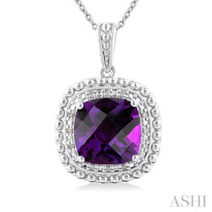 10X10 MM Cushion Shape Amethyst and 1/20 Ctw Round Cut Diamond Semi-Precious Pendant With Chain in Sterling Silver
