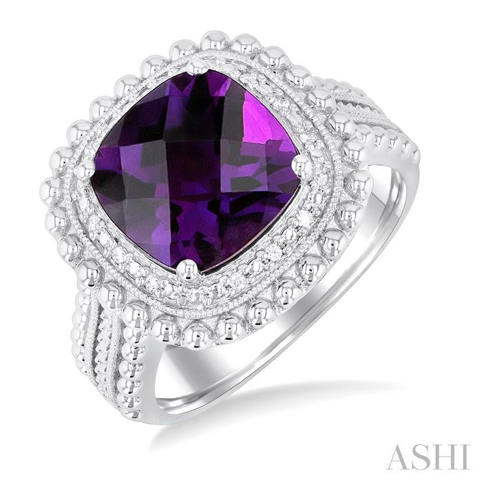 10X10 MM Cushion Shape Amethyst and 1/20 Ctw Round Cut Diamond Semi-Precious Ring in Sterling Silver