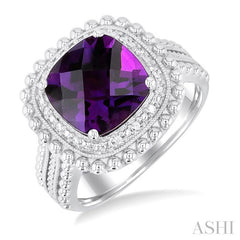 10X10 MM Cushion Shape Amethyst and 1/20 Ctw Round Cut Diamond Semi-Precious Ring in Sterling Silver