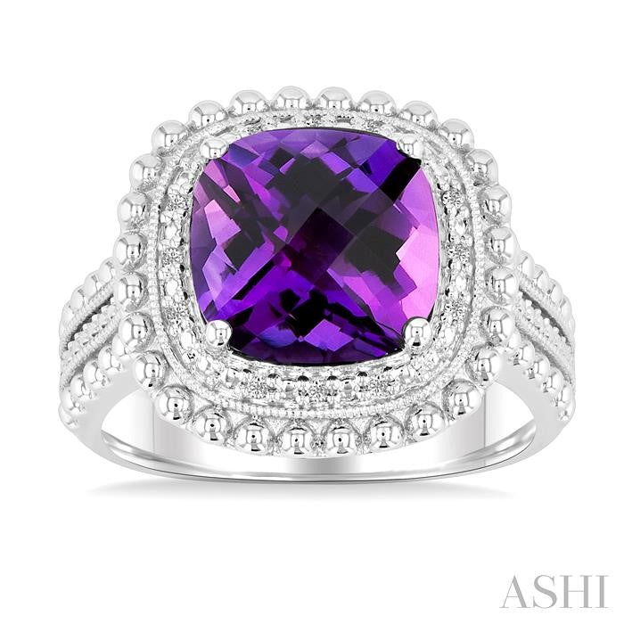 10X10 MM Cushion Shape Amethyst and 1/20 Ctw Round Cut Diamond Semi-Precious Ring in Sterling Silver