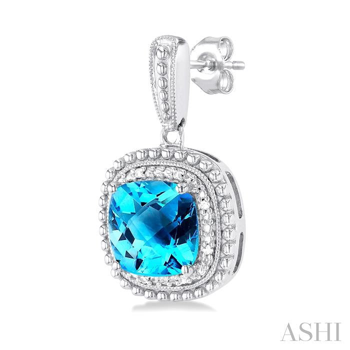 8X8 MM Cushion Shape Blue Topaz and 1/20 Ctw Round Cut Diamond Semi-Precious Earring in Sterling Silver