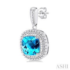 8X8 MM Cushion Shape Blue Topaz and 1/20 Ctw Round Cut Diamond Semi-Precious Earring in Sterling Silver