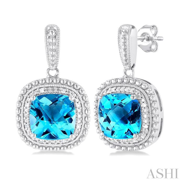 8X8 MM Cushion Shape Blue Topaz and 1/20 Ctw Round Cut Diamond Semi-Precious Earring in Sterling Silver