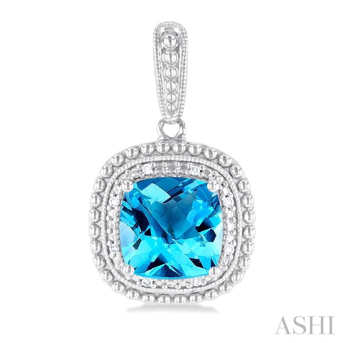 8X8 MM Cushion Shape Blue Topaz and 1/20 Ctw Round Cut Diamond Semi-Precious Earring in Sterling Silver