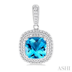 8X8 MM Cushion Shape Blue Topaz and 1/20 Ctw Round Cut Diamond Semi-Precious Earring in Sterling Silver