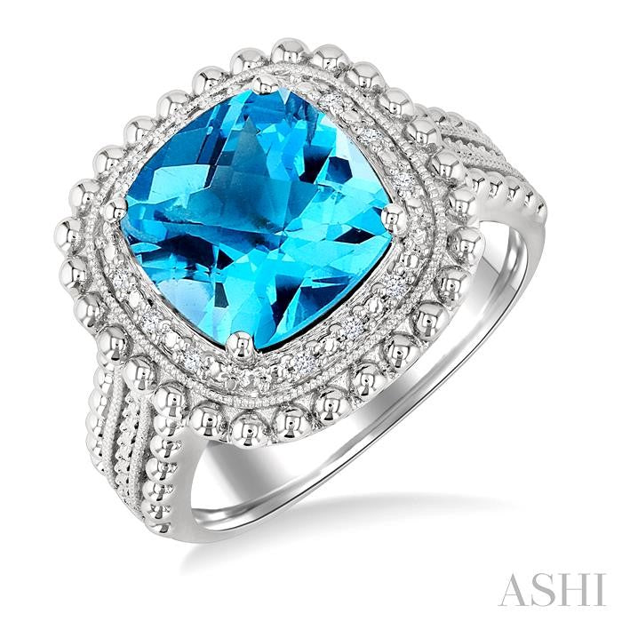 10X10 MM Cushion Shape Blue Topaz and 1/20 Ctw Round Cut Diamond Semi-Precious Ring in Sterling Silver