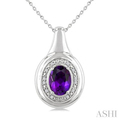 8X6 MM Oval Shape Amethyst and 1/20 Ctw Round Cut Diamond Semi-precious Pendant With Chain in Sterling Silver