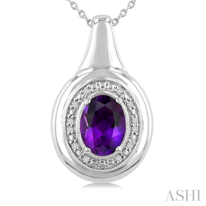 8X6 MM Oval Shape Amethyst and 1/20 Ctw Round Cut Diamond Semi-precious Pendant With Chain in Sterling Silver