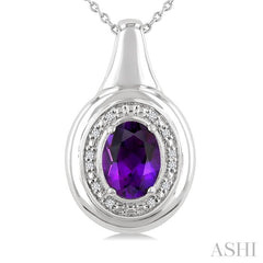 8X6 MM Oval Shape Amethyst and 1/20 Ctw Round Cut Diamond Semi-precious Pendant With Chain in Sterling Silver