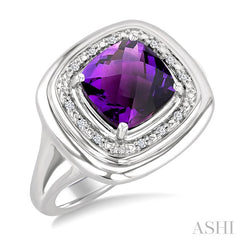 8 MM Cushion Shape Amethyst and 1/20 Ctw Round Cut Diamond Bold Semi-Precious Ring in Sterling Silver